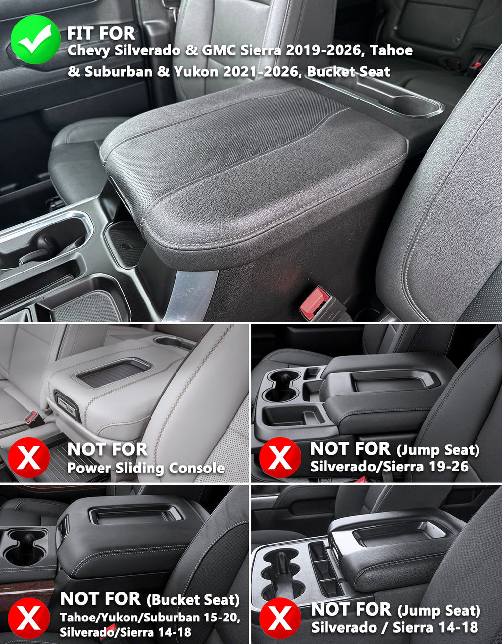 Thick Version Center Console Cushion Cover for  Bucket Seat 2019-2026 GMC Sierra 1500 2500 3500,2019-2026 Chevy Silverado 1500 2500 3500, 2021-2026 Tahoe/Suburban/Yukon