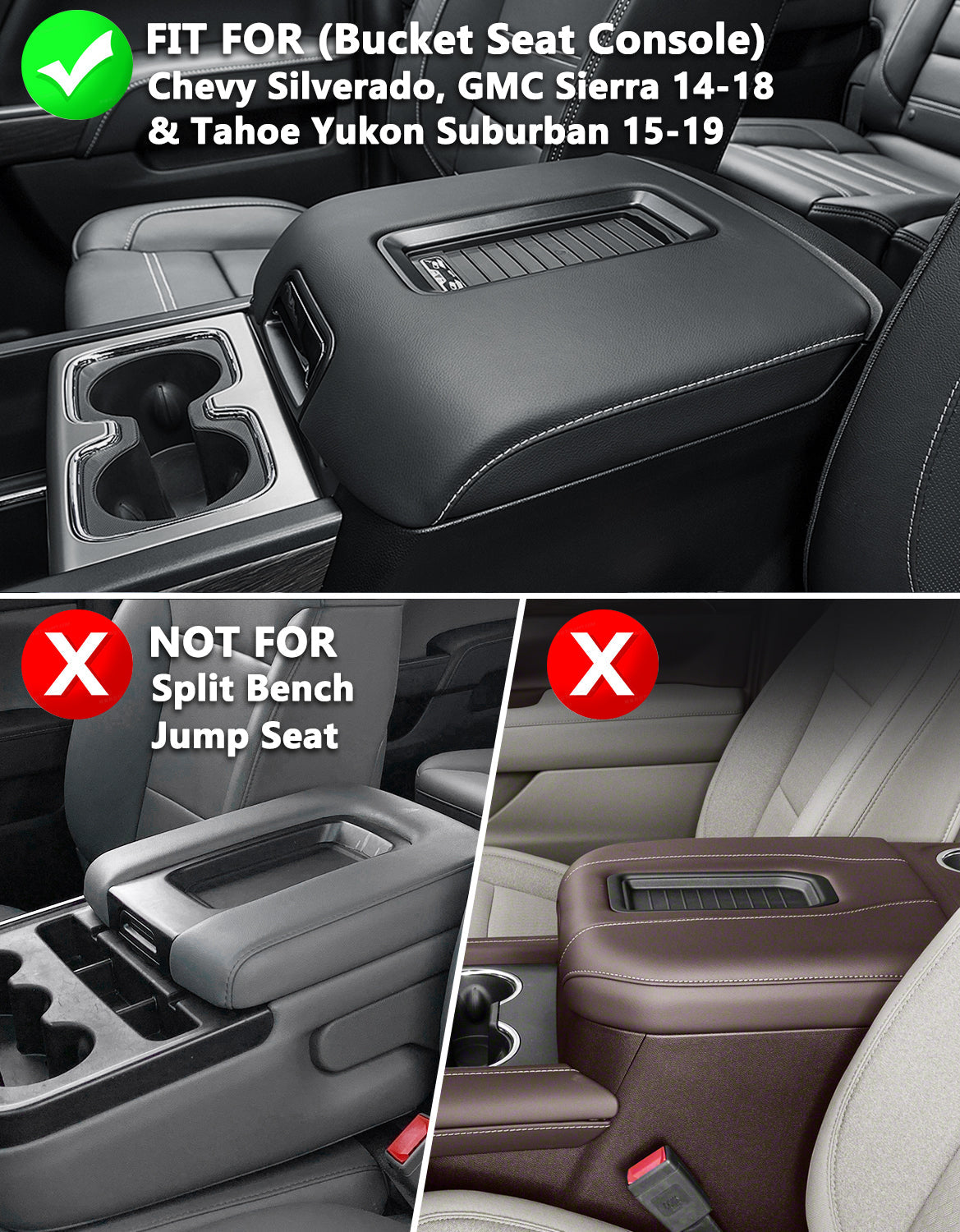 Center Console Armrest Cover for Bucket Seat 2014-2018 Chevy Silverado 1500/2500/3500,2014-2018 GMC Sierra 1500/2500/3500,2015-2020 Tahoe/Yukon/Suburban