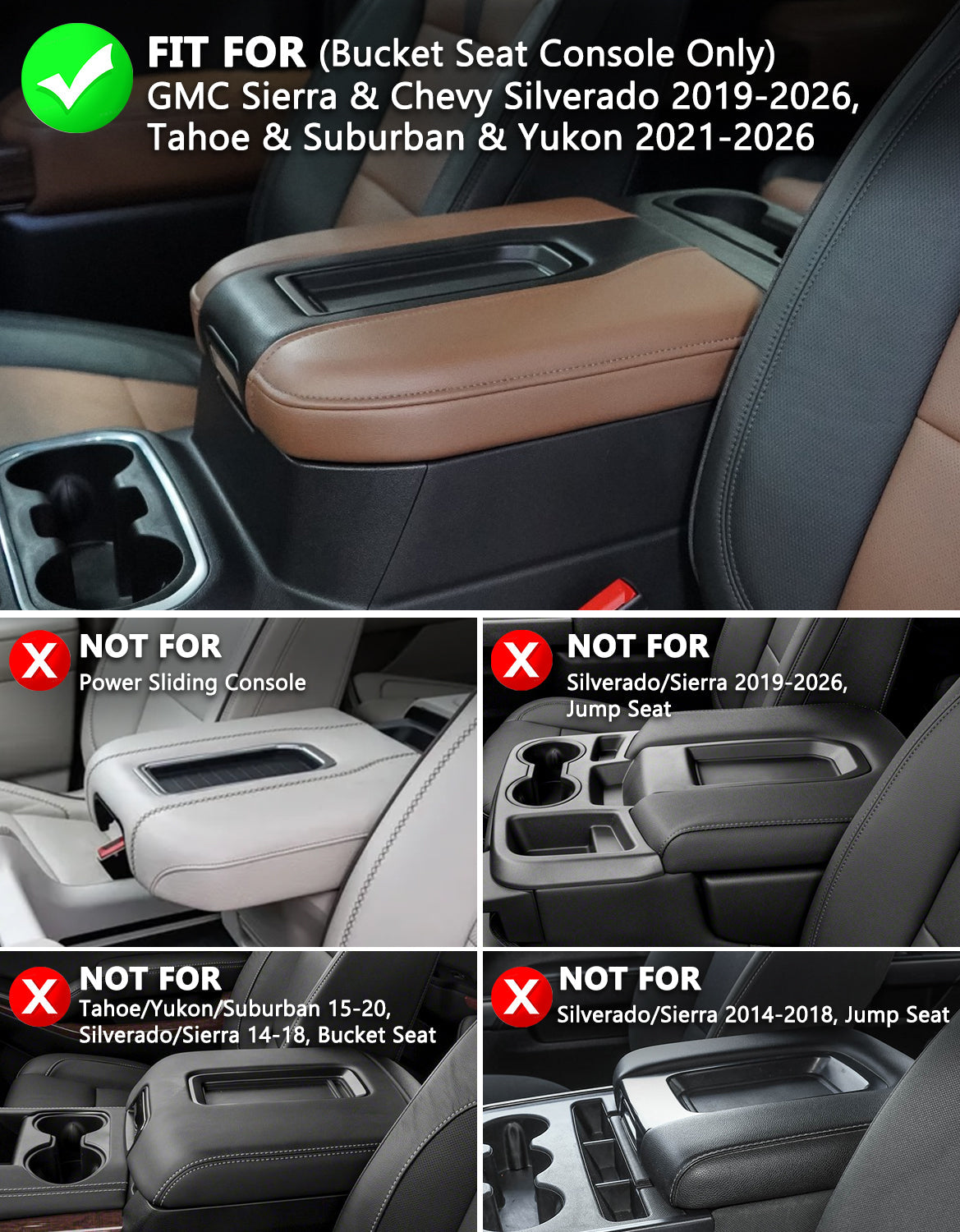 Thick Version Center Console Cushion Cover for Bucket Seat 2019-2026 GMC Sierra 1500 2500 3500,2019-2026 Chevy Silverado 1500 2500 3500, 2021-2026 Tahoe/Suburban/Yukon