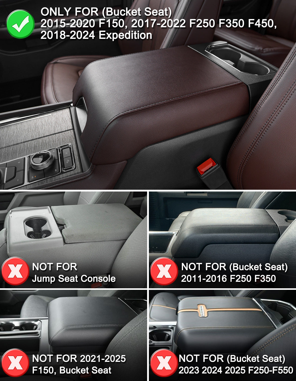 Center Console Armrest Cover Pad for Bucket Seat 2015-2020 Ford F150, 2017-2022 F250 F350 F450 F550 Super Duty, 2018-2024 Ford Expedition