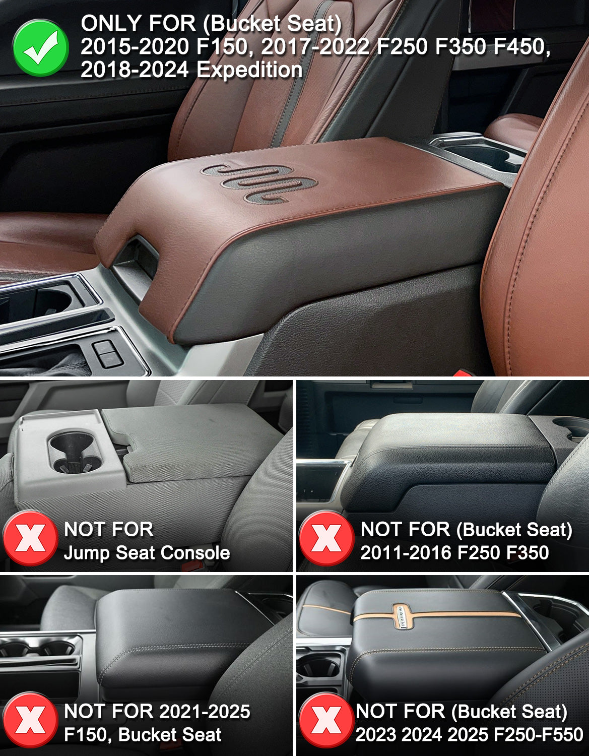 Center Console Armrest Cover Pad for Bucket Seat 2015-2020 Ford F150, 2017-2022 F250 F350 F450 F550 Super Duty, 2018-2024 Ford Expedition