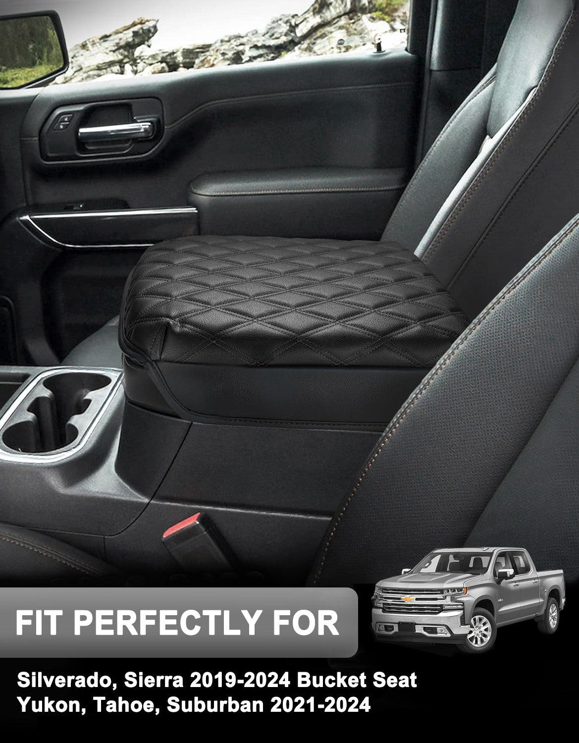 Center Console Armrest Cover Pad for Bucket Seat 2019-2026 Chevy Silverado 1500 2500 3500,2019-2026 GMC Sierra 1500 2500 3500,2021-2026 Tahoe/Suburban/Yukon
