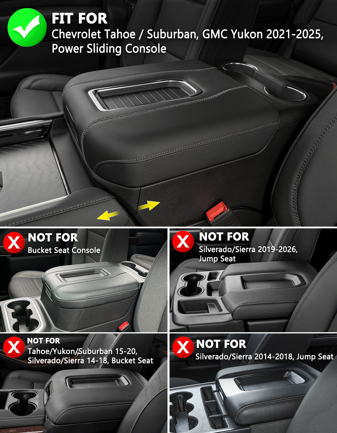 Power Sliding Console Armrest Cover for Bucket Seat 2021-2026 Chevy Tahoe Suburban,2021-2025 GMC Yukon