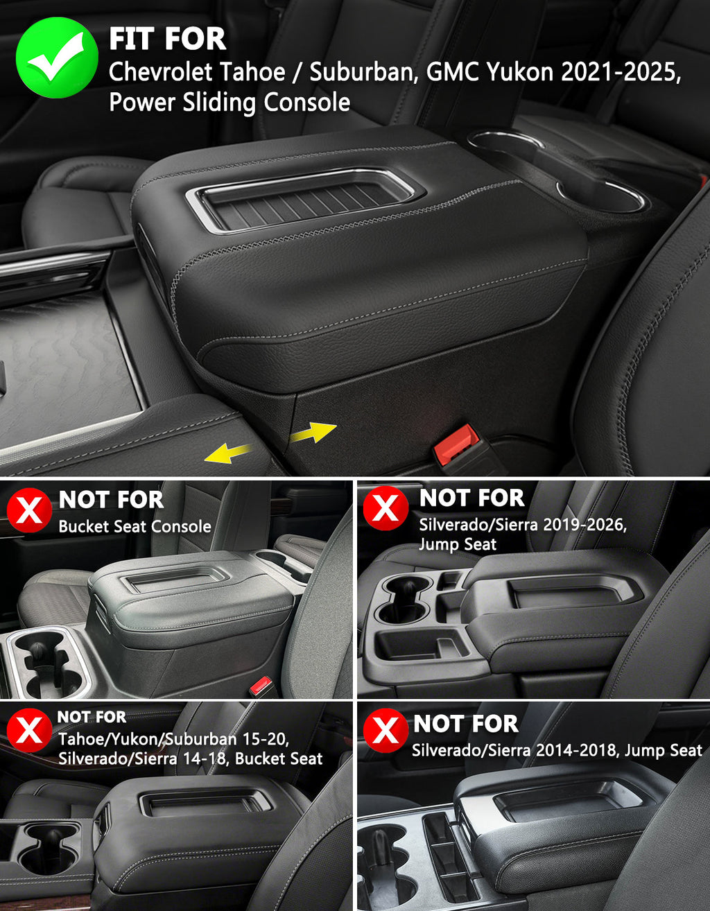 Power Sliding Console Armrest Cover for Bucket Seat 2021-2026 Chevy Tahoe Suburban,2021-2025 GMC Yukon Wireless charging port
