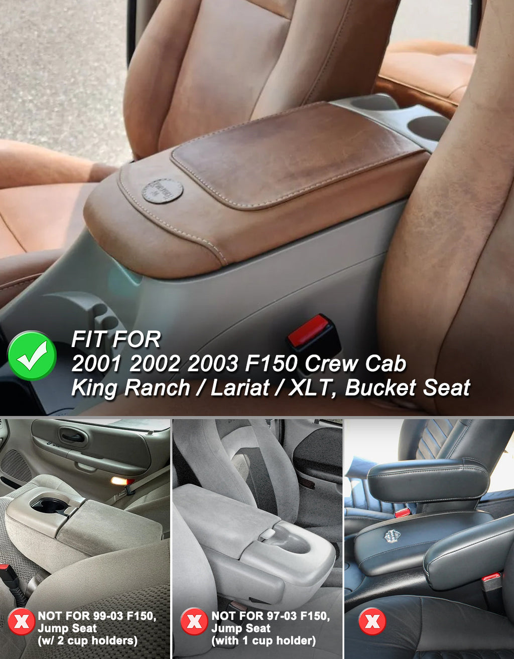 Center Console Armrest Cover Pad for Bucket Seat 2001-2003 F150 Crew Cab Lariat / XLT / King Ranch