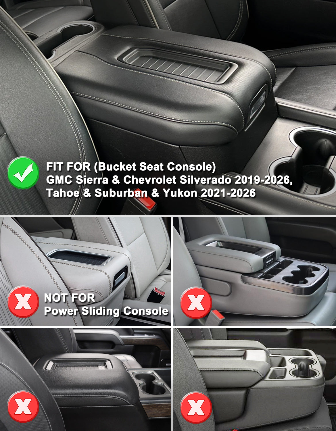 Thin Version Center Console Cushion Cover for Bucket Seat 2019-2026 GMC Sierra 1500 2500 3500,2019-2026 Chevy Silverado 1500 2500 3500, 2021-2026 Tahoe/Suburban/Yukon