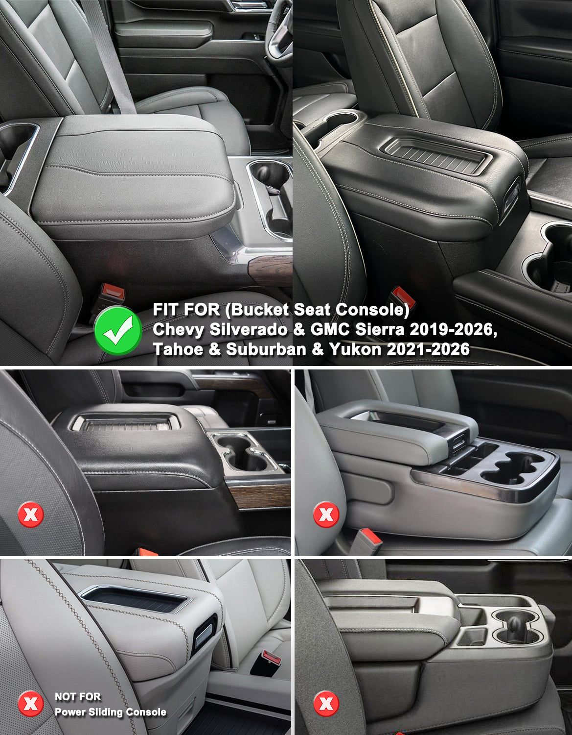 Center Console Armrest Cover Pad for Bucket Seat 2019-2026 Chevy Silverado 1500 2500 3500,2019-2026 GMC Sierra 1500 2500 3500,2021-2026 Tahoe/Suburban/Yukon