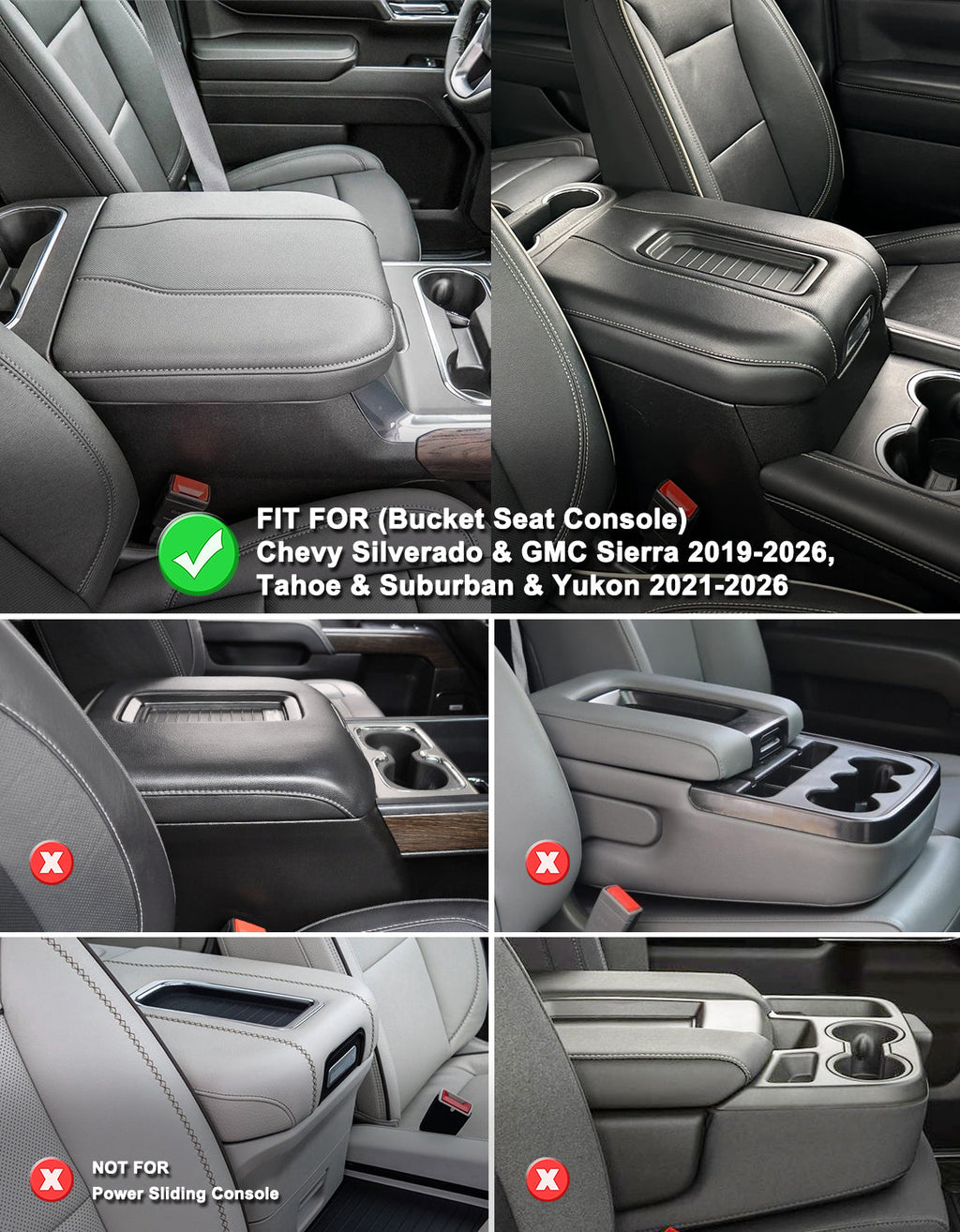 Center Console Armrest Cover Pad for Bucket Seat 2019-2026 Chevy Silverado 1500 2500 3500,2019-2026 GMC Sierra 1500 2500 3500,2021-2026 Tahoe/Suburban/Yukon