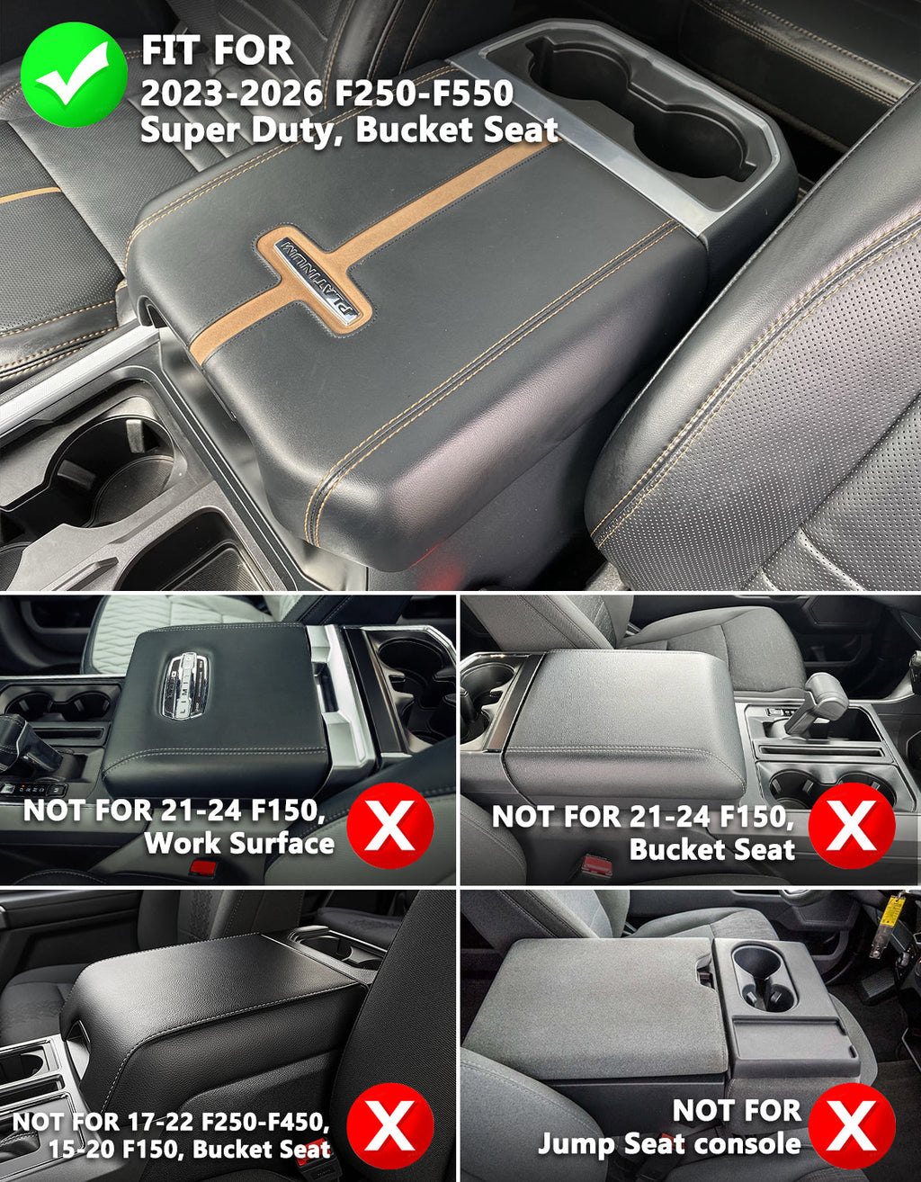 Center Console Cover Pad for Bucket Seat 2023-2026 Ford F250 F350 F450 F550 Super Duty