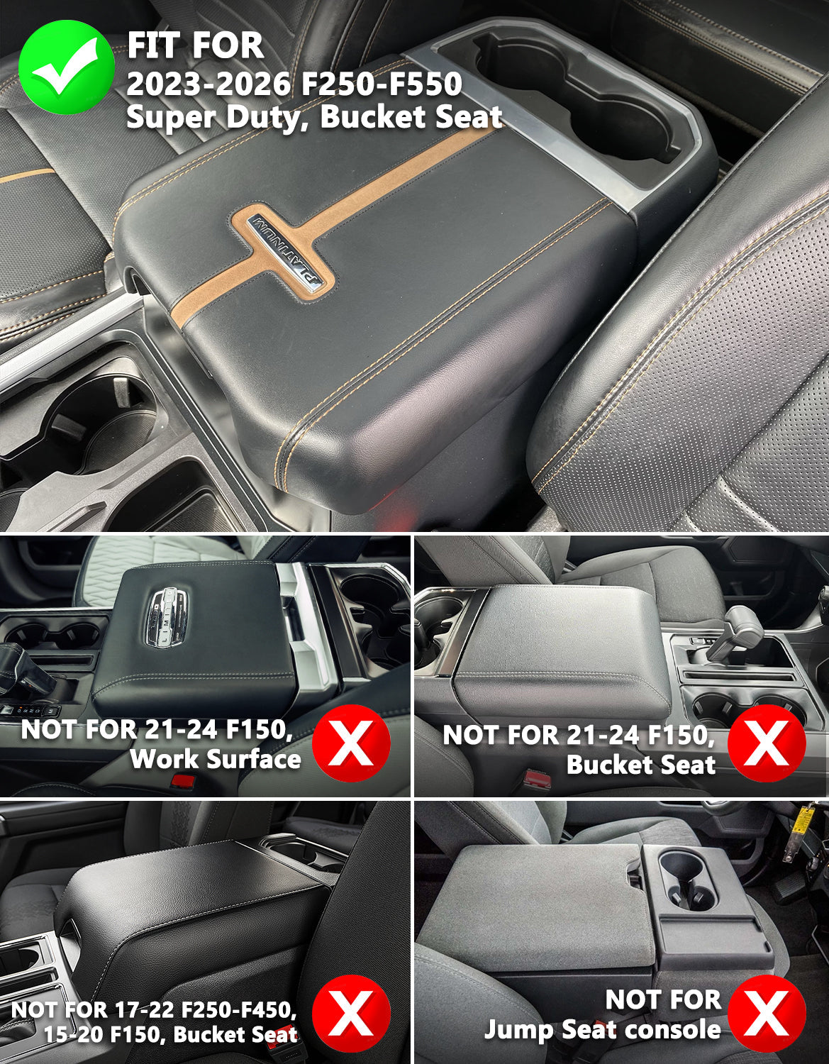 Center Console Cover Pad for Bucket Seat 2023-2026 Ford F250 F350 F450 F550 Super Duty