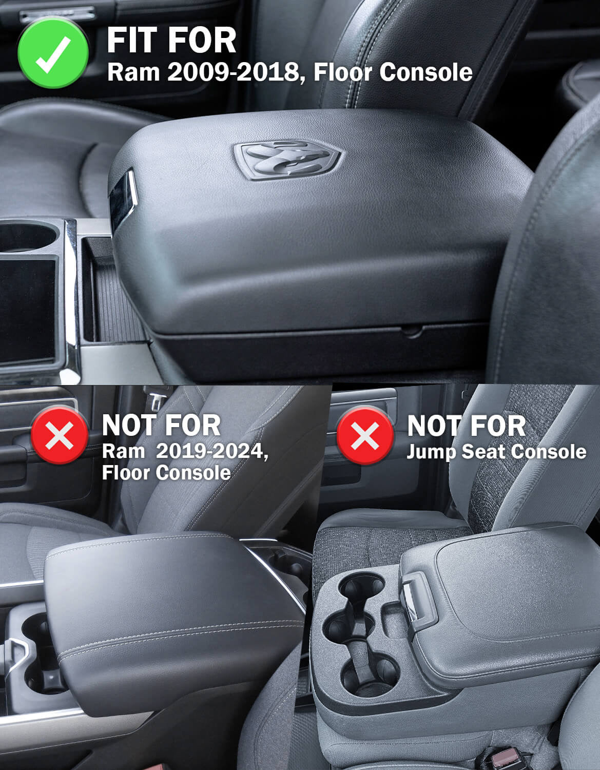 Center Console Armrest Cover Protector for Bucket Seat 2009-2018 Dodge RAM 1500 2500 3500